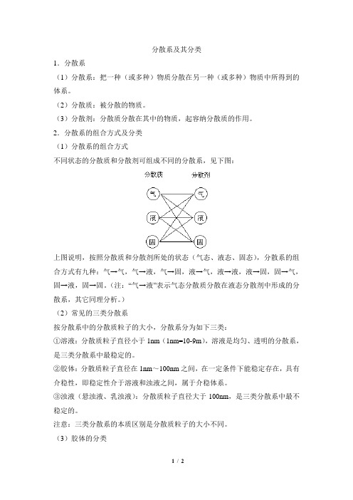 高一化学必修1_知识总结：分散系及其分类