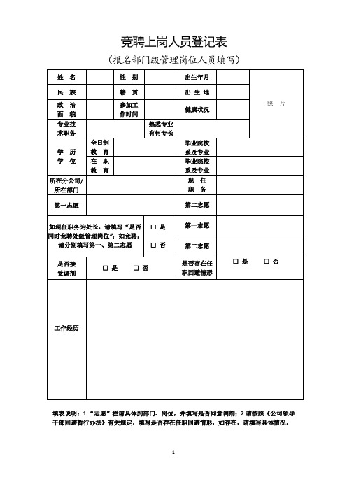 竞聘上岗人员登记表(报名部门级管理岗)