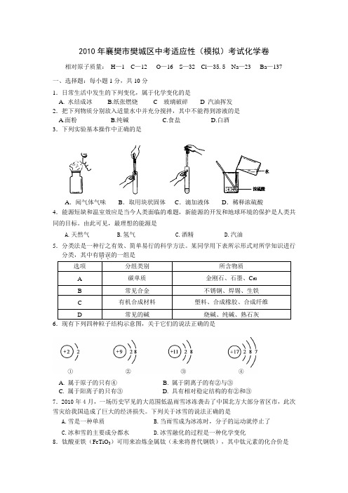 2010年中考化学适应性考试试题