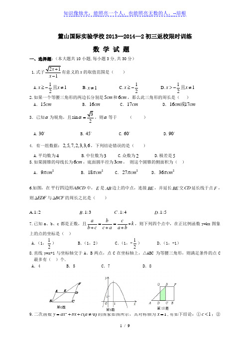 麓山国际实验学校2013-2014年九年级下第一次月考数学试卷