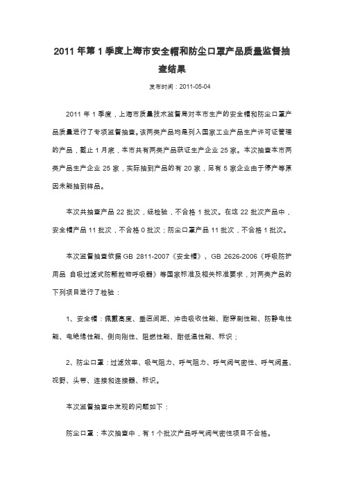 2011年第1季度上海市安全帽和防尘口罩产品质量监督抽查结果