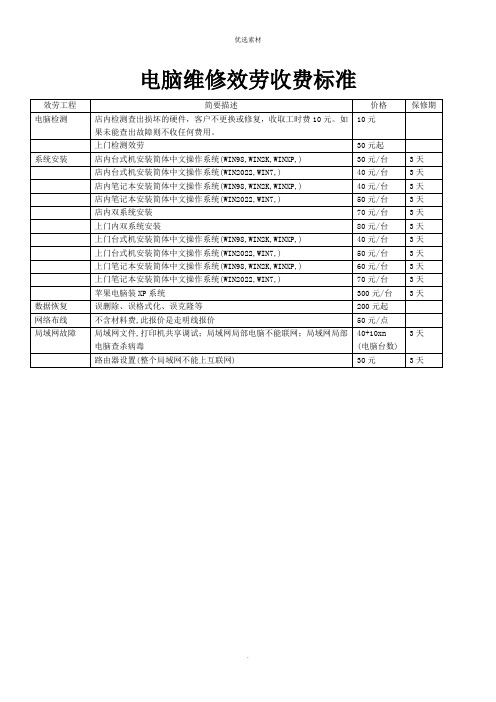 电脑维修收费标准表 