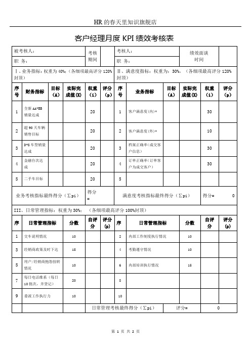 客户经理月度KPI绩效考核表