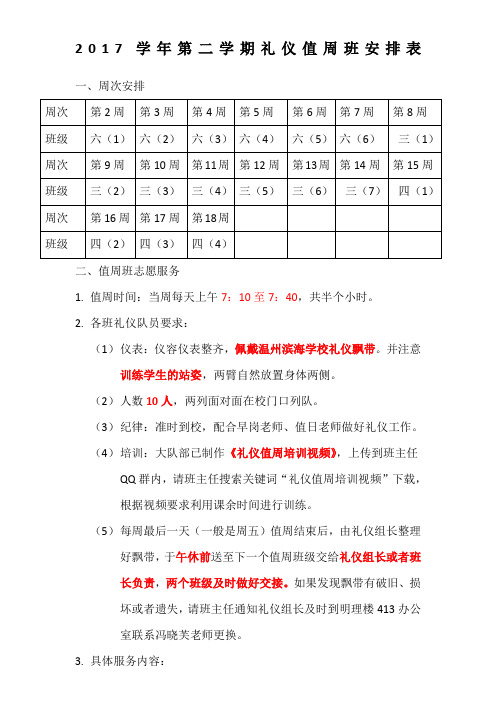 第二学期礼仪值周班安排表