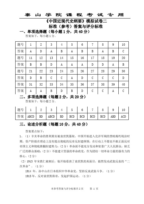 泰山学院近代史纲要模拟题答案2