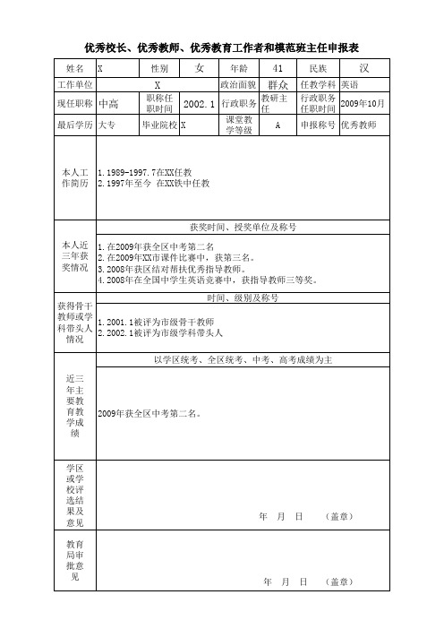 优秀校长、优秀教师、优秀教育工作者和模范班主任申报表