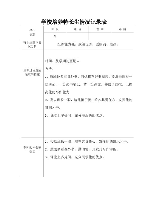 学校培养特长生情况记录表