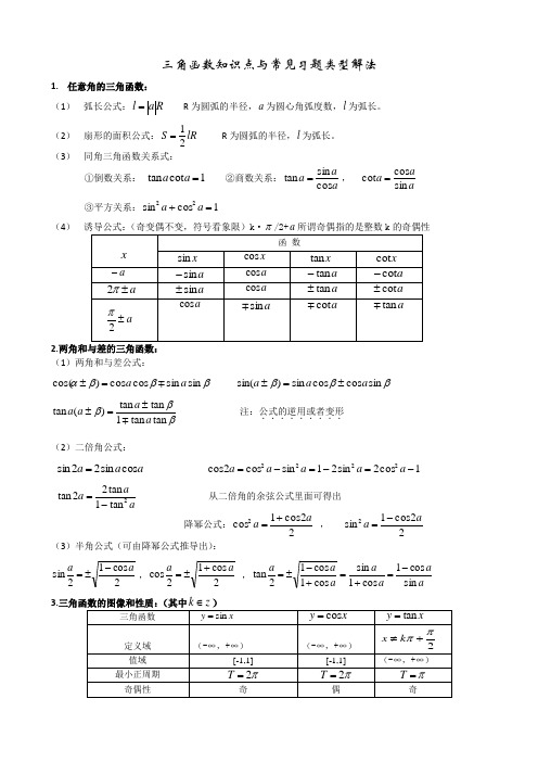 高中数学三角函数专题复习(内附类型题以及历年高考真题-含答案免费)[1]