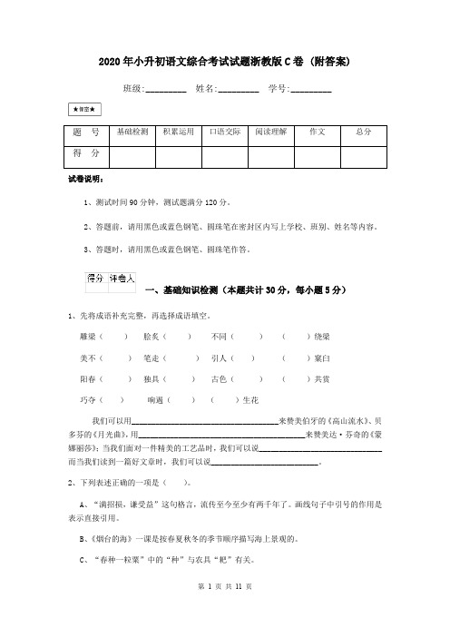 2020年小升初语文综合考试试题浙教版C卷 (附答案)