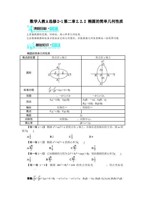 最新人教版高中数学选修2-1第二章《椭圆的简单几何性质》梳理探究