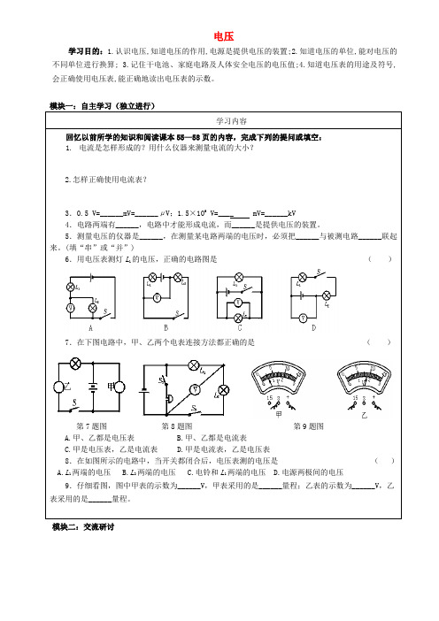 广东省河源中国教育学会中英文实验学校九年级物理上册 第16章 第1节《电压》讲学稿(无答案)(新