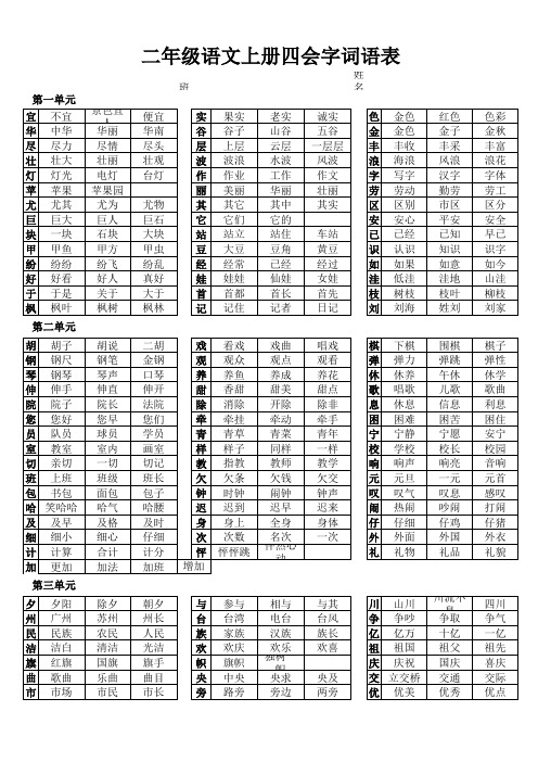 二年级语文上册四会字词语表