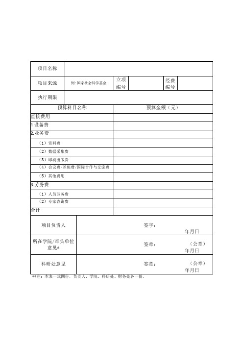 豫章师范学院人文社科类配套资助经费预算表