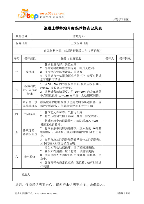 混凝土搅拌站月度保养检查记录表