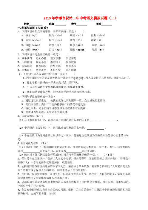 湖北省孝感市祝站二中中考语文模拟试题(2)