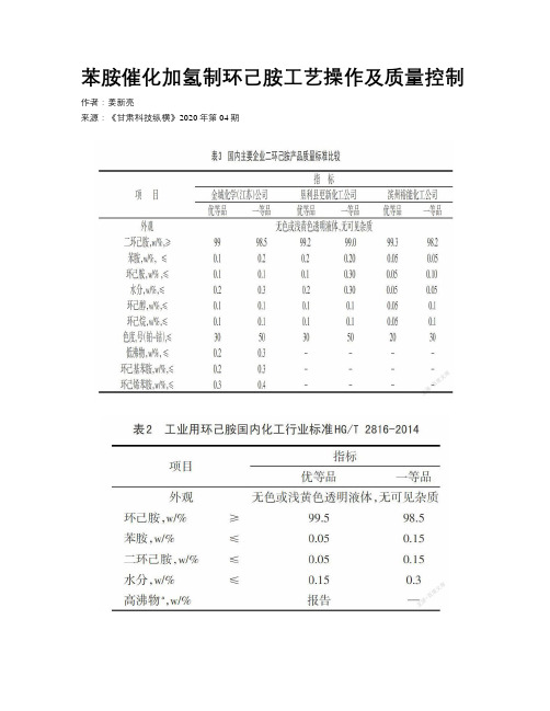 苯胺催化加氢制环己胺工艺操作及质量控制  