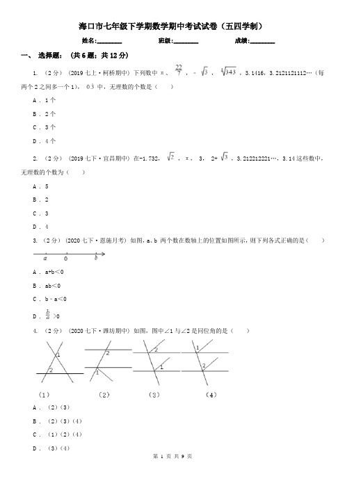 海口市七年级下学期数学期中考试试卷(五四学制)