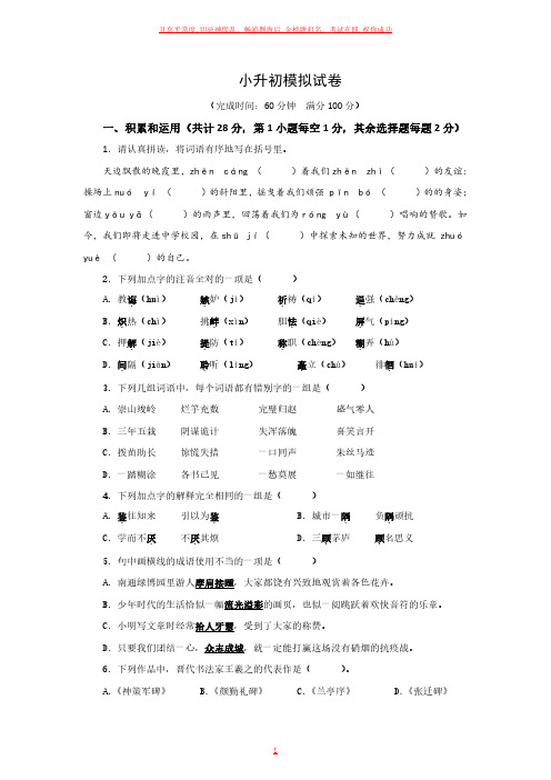 小升初入学测试模拟卷(含答案解析)