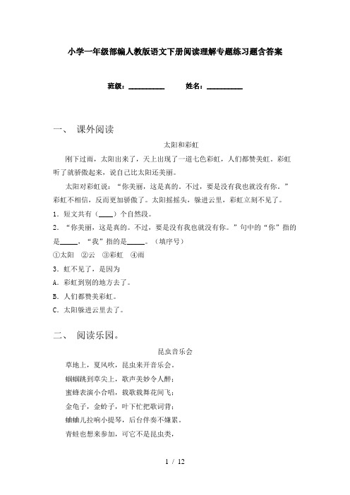 小学一年级部编人教版语文下册阅读理解专题练习题含答案