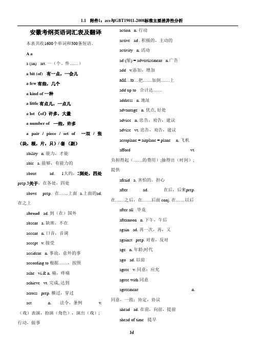 安徽中考考纲英语词汇表及翻译