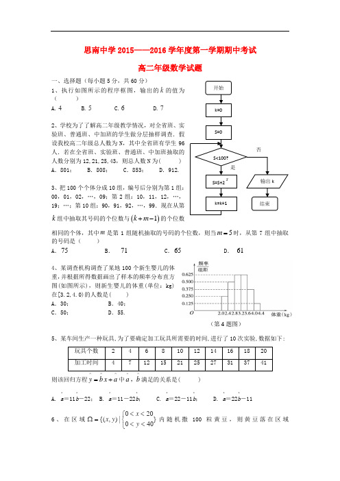 贵州省思南中学高二数学上学期期中试题