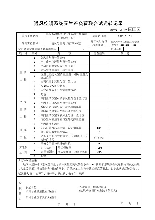 通风空调系统无生产负荷联合试运转记录