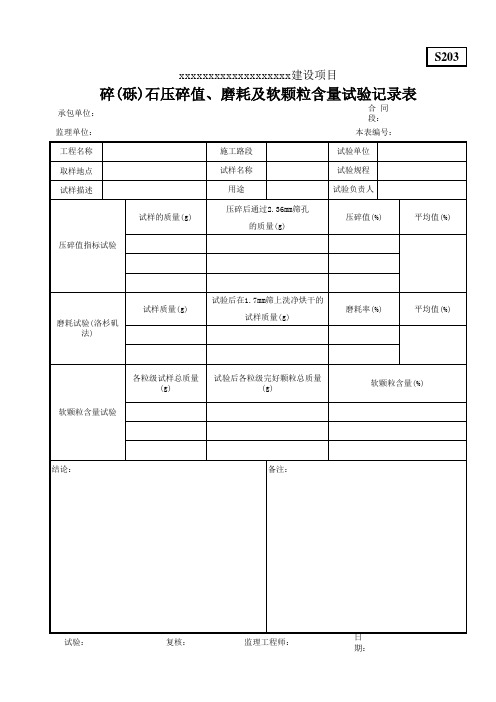 碎(砾)石压碎值、磨耗及软颗粒含量试验记录表