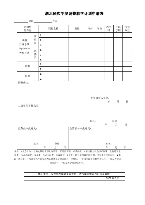 湖北民族学院调整教学计划申请表