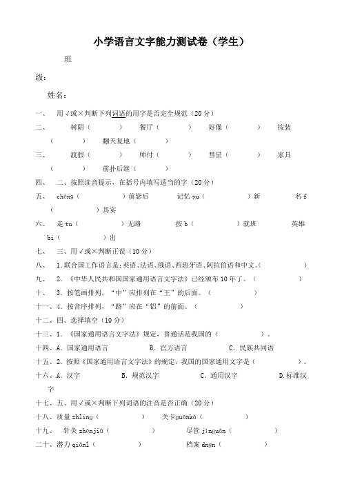 小学语言文字能力测试卷(学生)