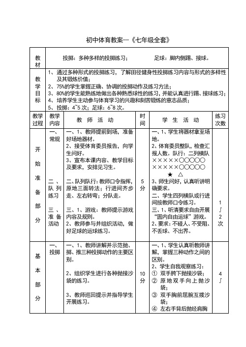 初中体育教案【完整版】七年级