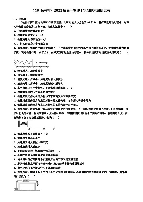 北京市通州区2022届高一物理上学期期末调研试卷