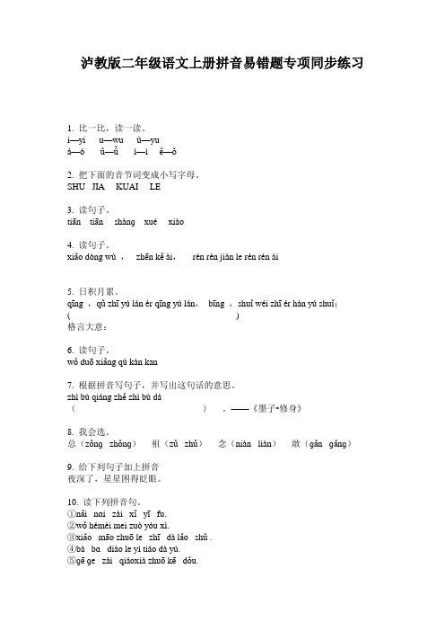 泸教版二年级语文上册拼音易错题专项同步练习