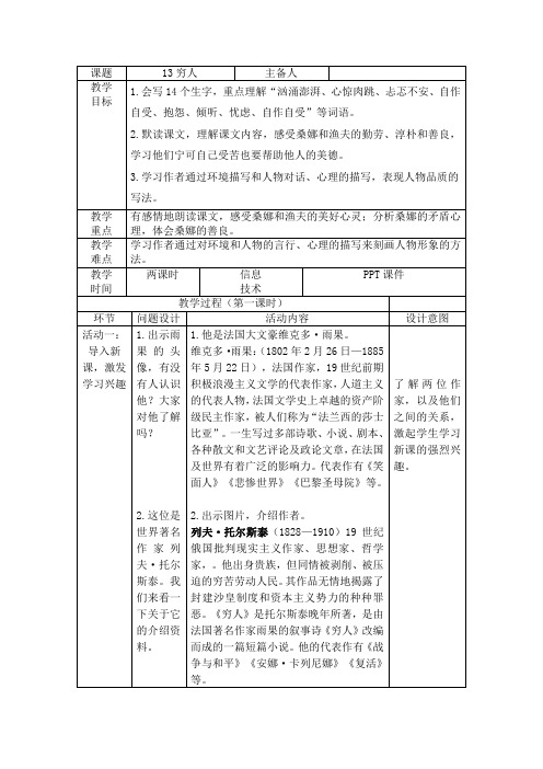 部编版小学语文六年级上册13《穷人》教学设计2