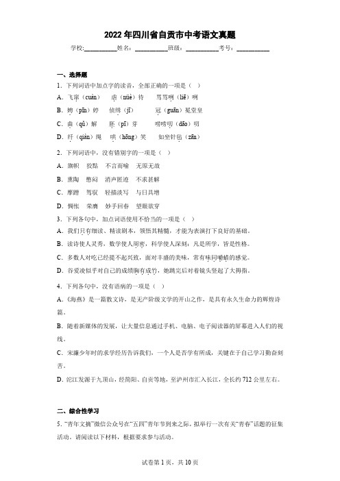 2022年四川省自贡市中考语文真题  附答案