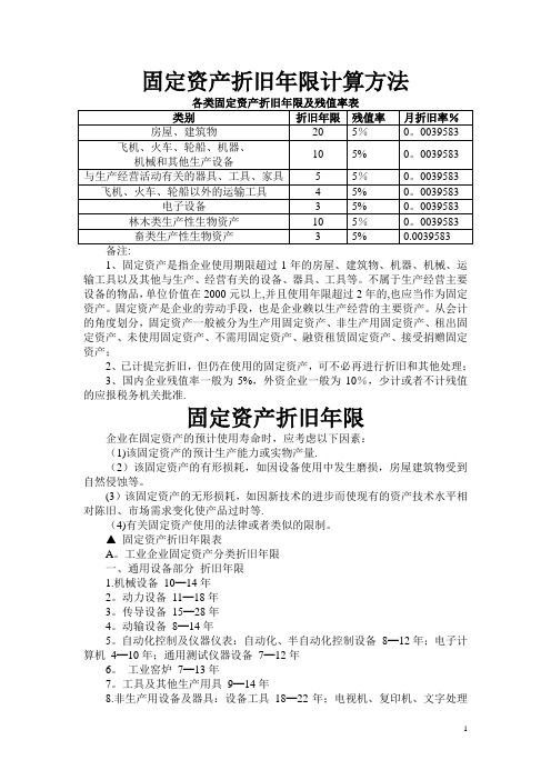 各类固定资产折旧年限及残值率表