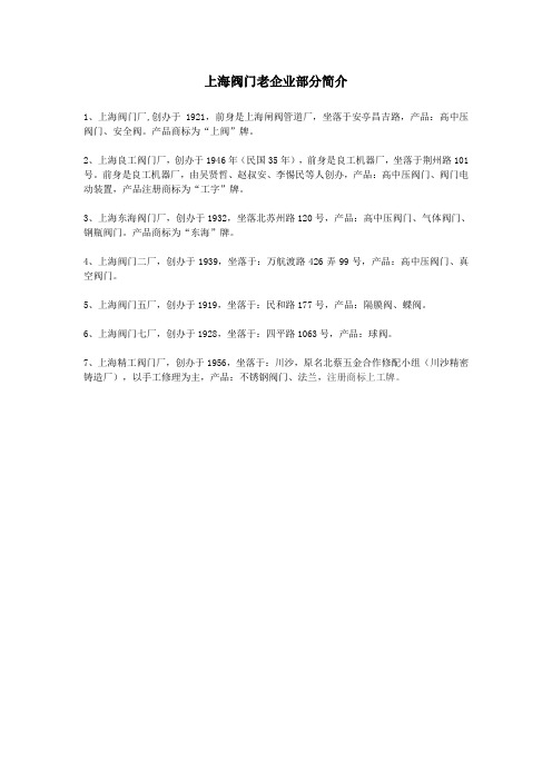 上海阀门老企业部分简介