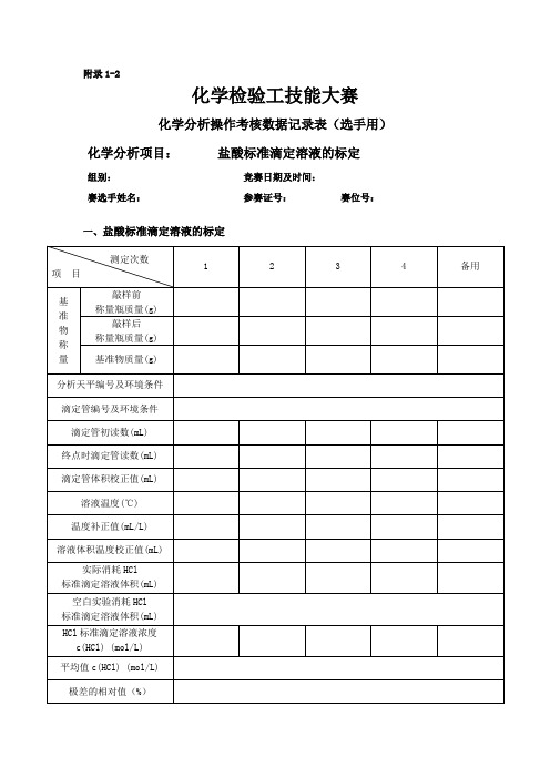 化学分析操作各类考核数据记录表(选手用)