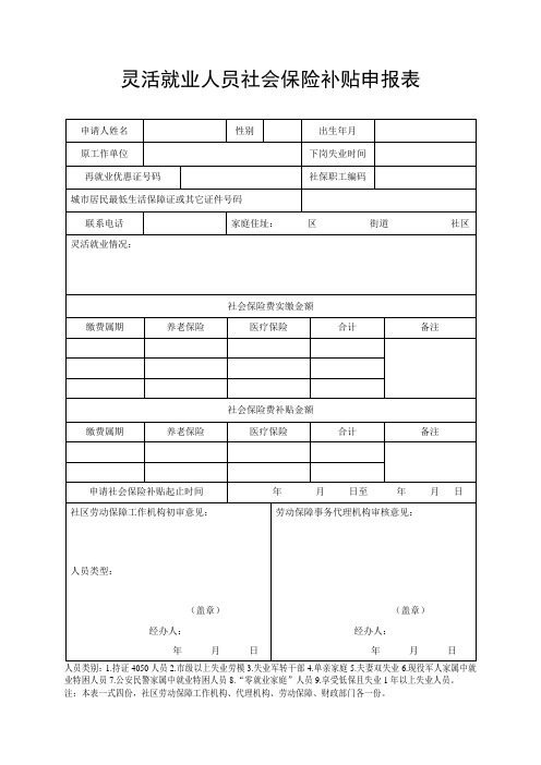 灵活就业人员享受社会保险补贴申请表