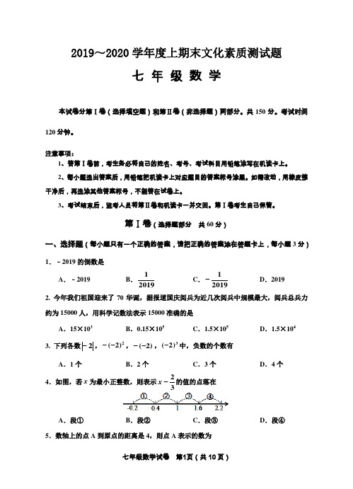 2019～2020学年度上期末文化素质测试题七年级数学试题