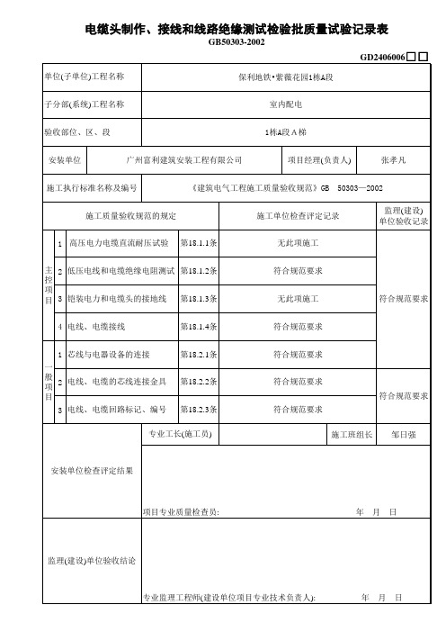 电缆头制作、接线和线路绝缘测试检验批质量试验记录表