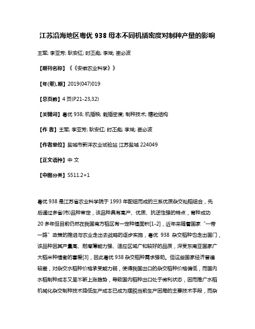 江苏沿海地区粤优938母本不同机插密度对制种产量的影响