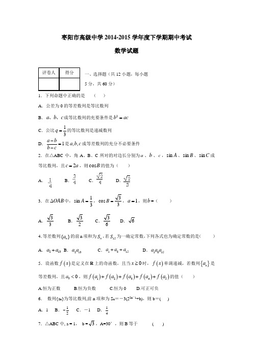 湖北省枣阳市高级中学14—15学年下学期高一期中考试数学试题(附答案)