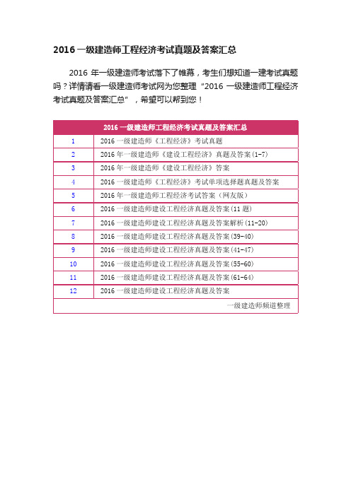 2016一级建造师工程经济考试真题及答案汇总