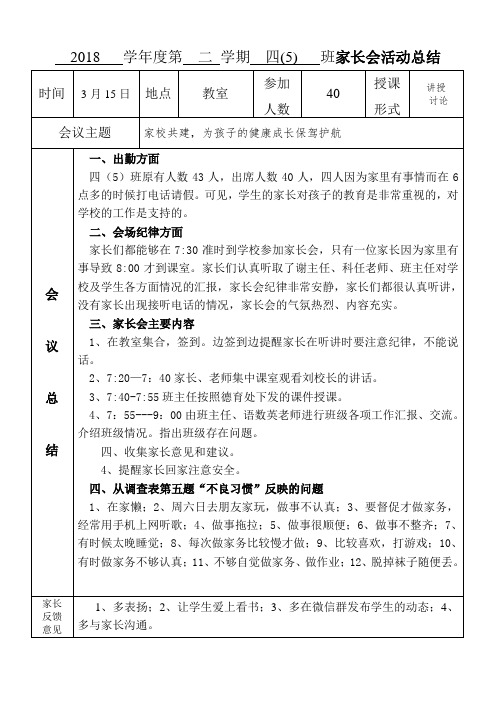 2018学年度第二学期四(5)班家长会活动总结