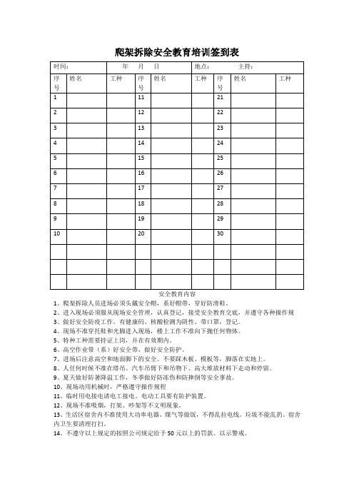 爬架拆除安全教育培训签到表