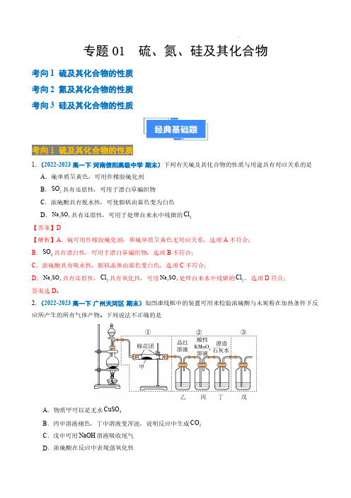 2023-2024学年高一化学真题分类汇编(人教版2019必修第二册)硫、氮、硅及其化合物(解析版)