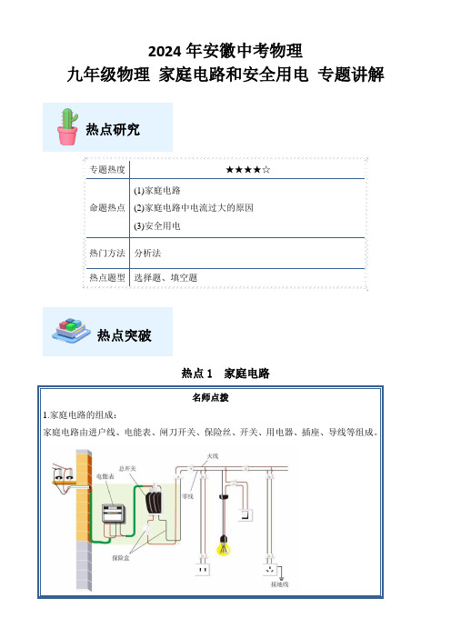 2024年中考物理(安徽专用)一轮复习专题讲解+++家庭电路和安全用电+