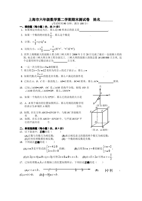 上海市六年级数学第二学期期末测试卷 