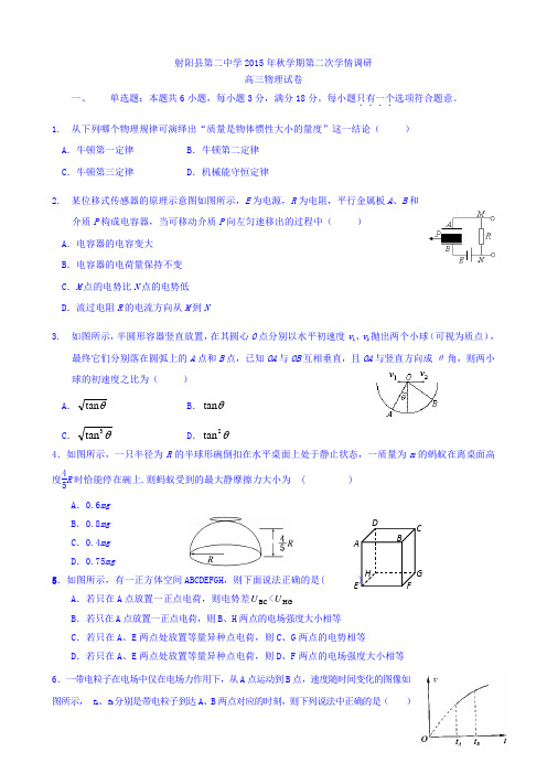 江苏省射阳县第二中学2016届高三上学期第二次学情调研物理试题Word版含答案