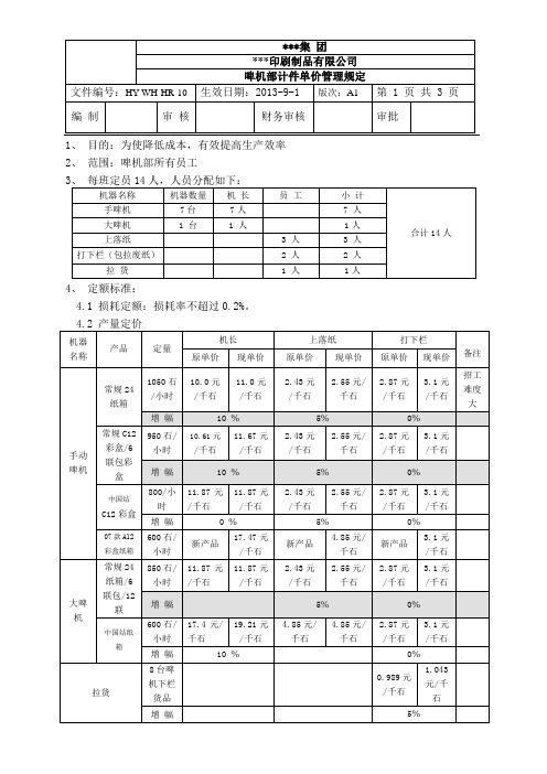 啤机部计件单价管理规定